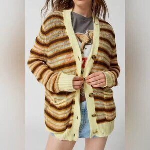 Urban Outfitters Alston Yellow Brown‎ Striped Distressed Oversized Cardigan Sz M